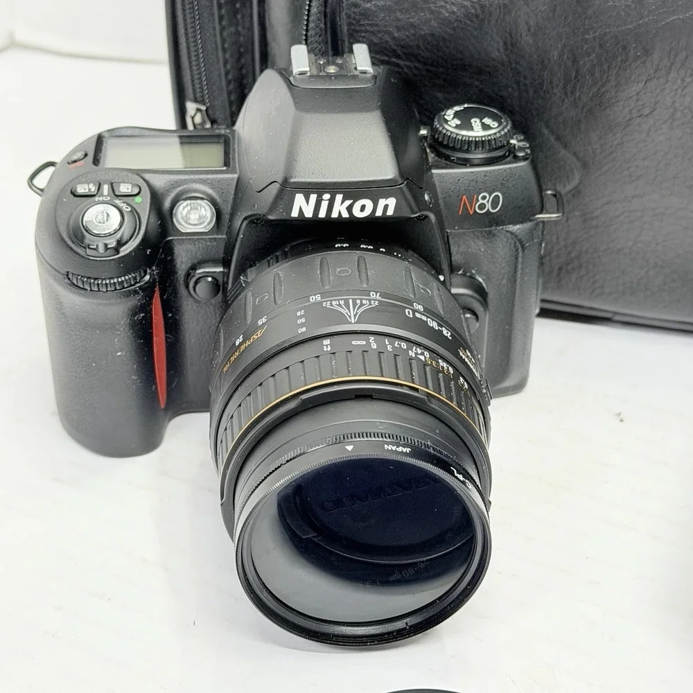 Nikon N80 35mm Film Camera Kit 2 Lenses Filters Bag Tested Working